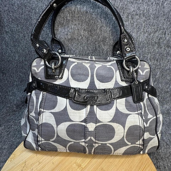 Coach Satchel Bag Womens Medium Gray Black Signature C Patent Leather Purse - Picture 1 of 8